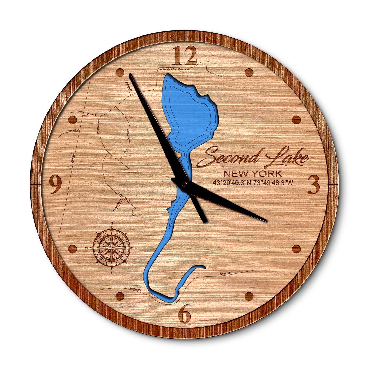 Second Lake in Luzerne, New York 14in Layered Map Clock - Any Lake, Pond, or Reservoir - Unique Home Decor