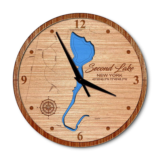 Second Lake in Luzerne, New York 14in Layered Map Clock - Any Lake, Pond, or Reservoir - Unique Home Decor