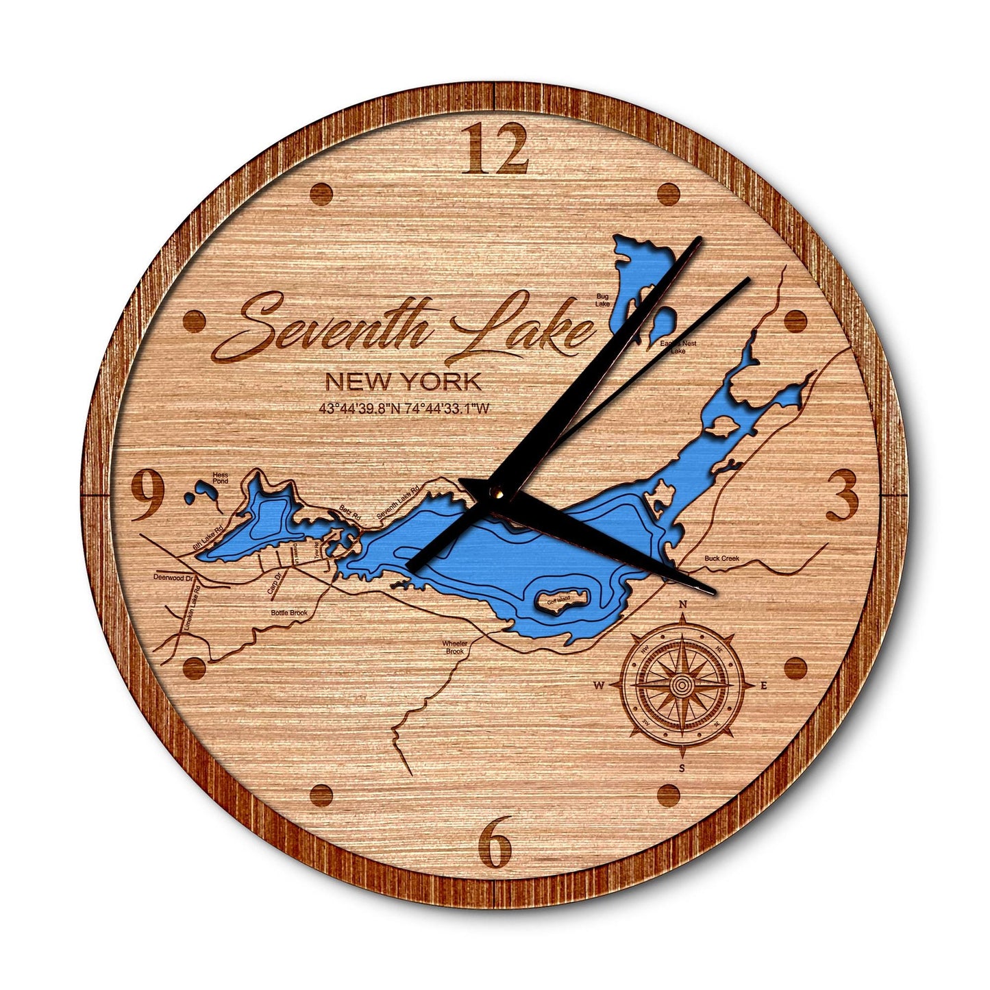 Seventh Lake Fulton Chain of Lakes New York 14in Layered Map Clock - Any Lake, Pond, or Reservoir - Unique Home Decor