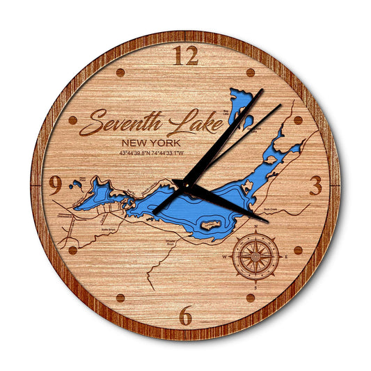 Seventh Lake Fulton Chain of Lakes New York 14in Layered Map Clock - Any Lake, Pond, or Reservoir - Unique Home Decor