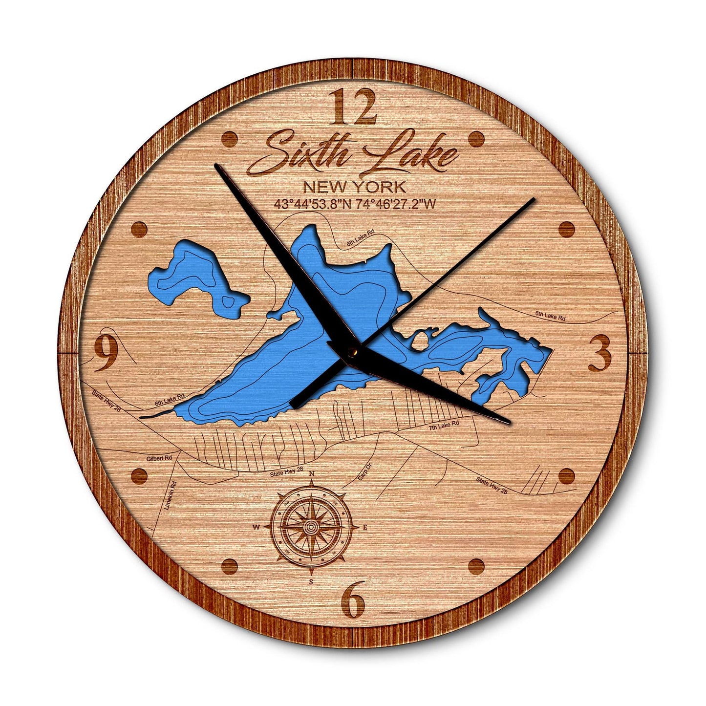 Sixth Lake(Fulton Chain of Lakes) New York Layered Map Clock - Any Lake, Pond, or Reservoir - Unique Home Decor