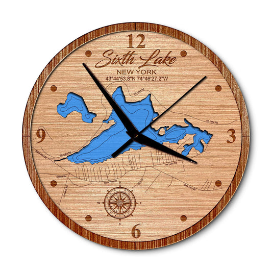 Sixth Lake(Fulton Chain of Lakes) New York Layered Map Clock - Any Lake, Pond, or Reservoir - Unique Home Decor