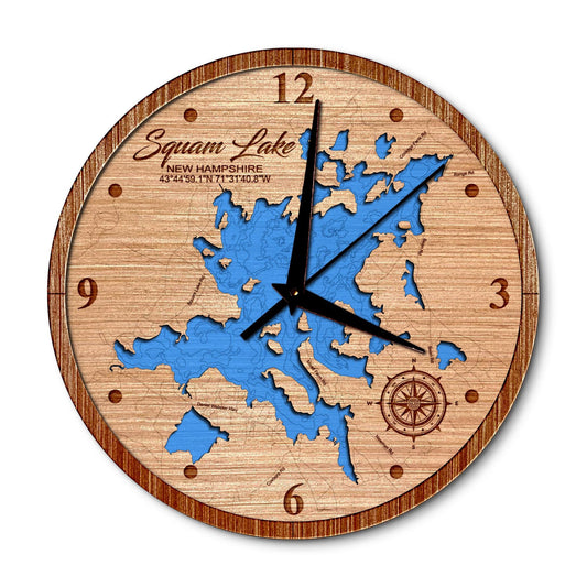 Squam Lake, New Hampshire 14in Layered Map Clock - Any Lake, Pond, or Reservoir - Unique Home Decor