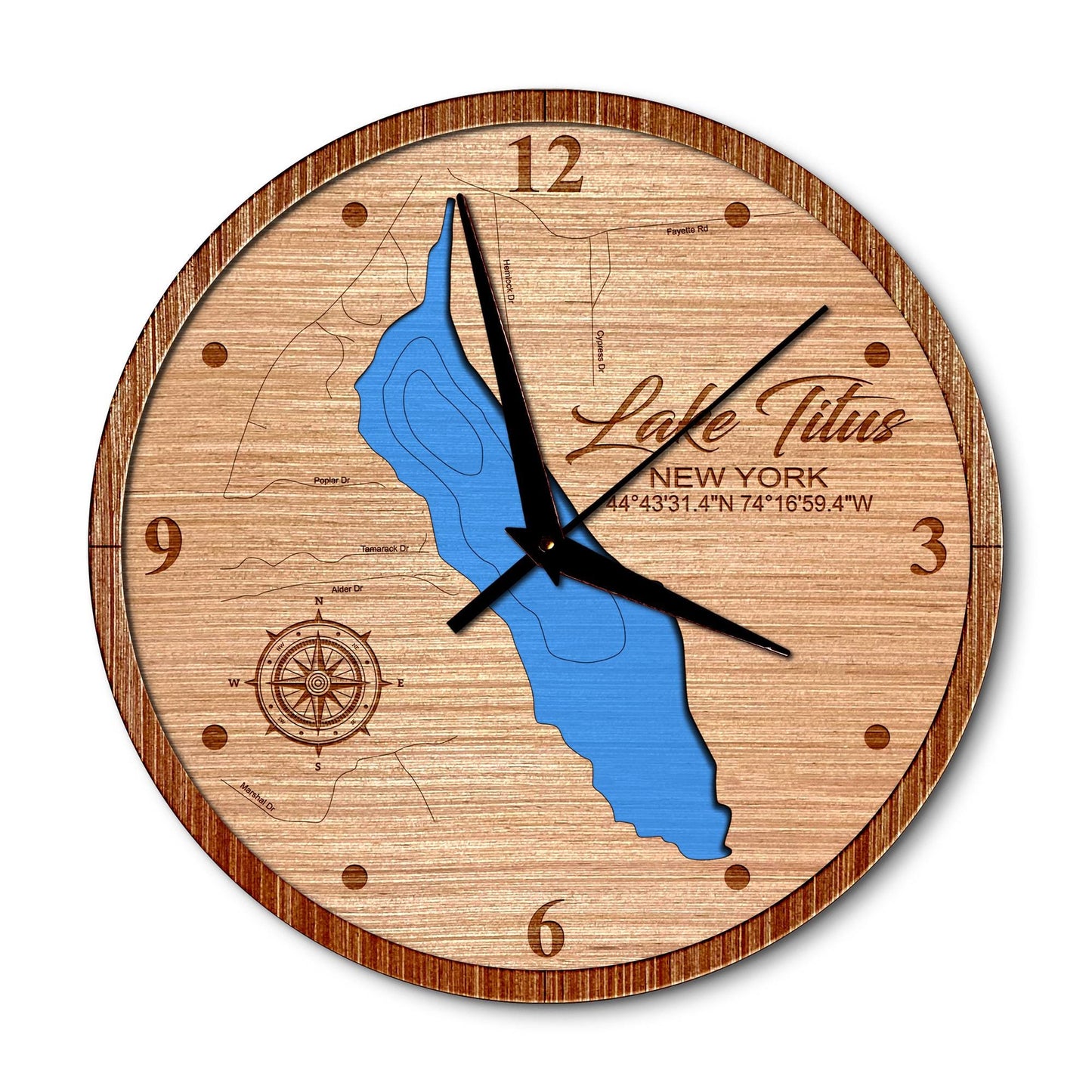 Titus Lake New York 14in Layered Map Clock - Any Lake, Pond, or Reservoir - Unique Home Decor