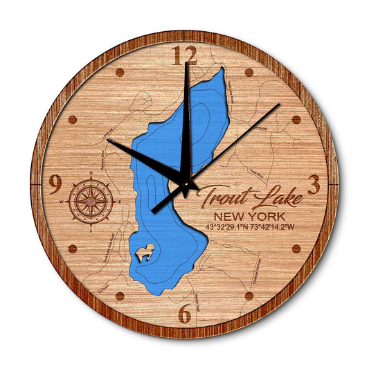 Trout Lake, New York Layered Map Clock - Any Lake, Pond, or Reservoir - Unique Home Decor
