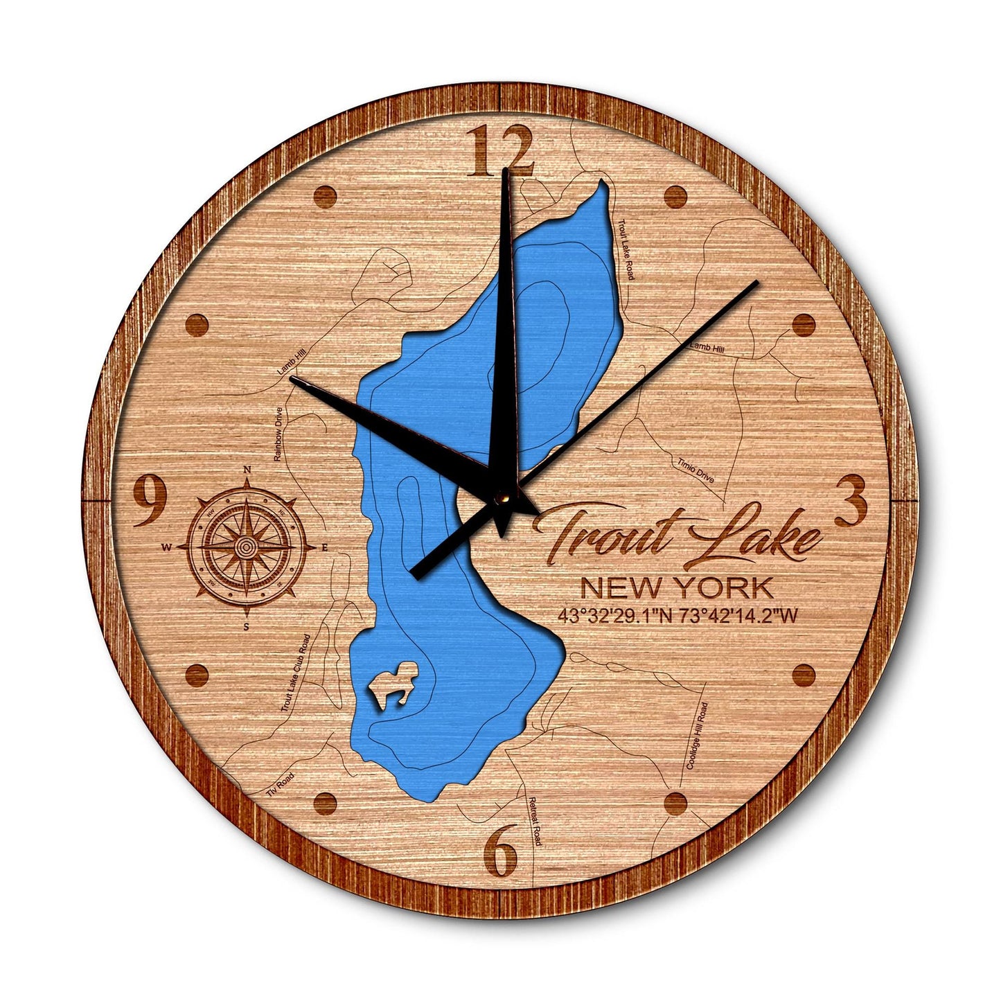 Trout Lake New York 14in Layered Map Clock - Any Lake, Pond, or Reservoir - Unique Home Decor