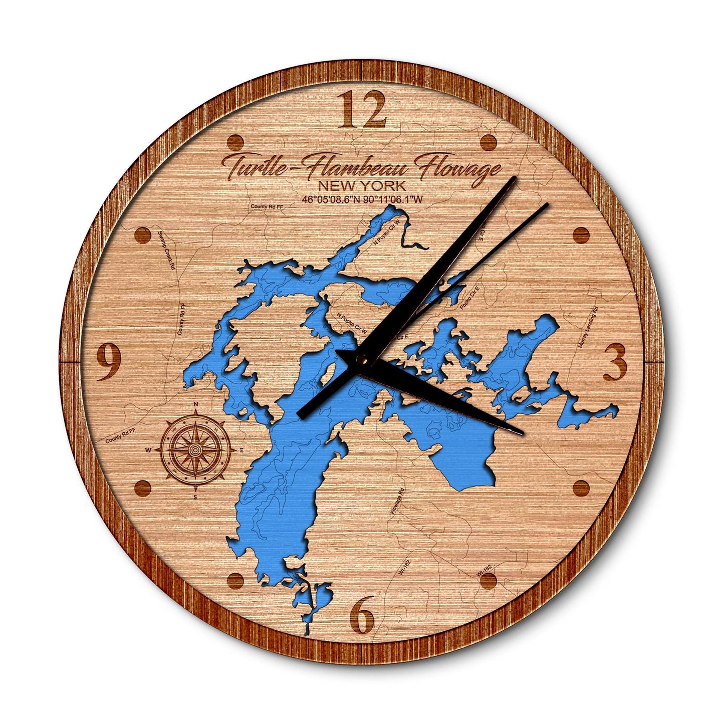 Turtle-Flambeau Flowage Wisconsin 14in Layered Map Clock - Any Lake, Pond, or Reservoir - Unique Home Decor