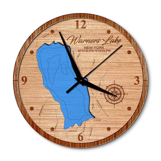 Warners Lake, New York 14in Layered Map Clock - Any Lake, Pond, or Reservoir - Unique Home Decor