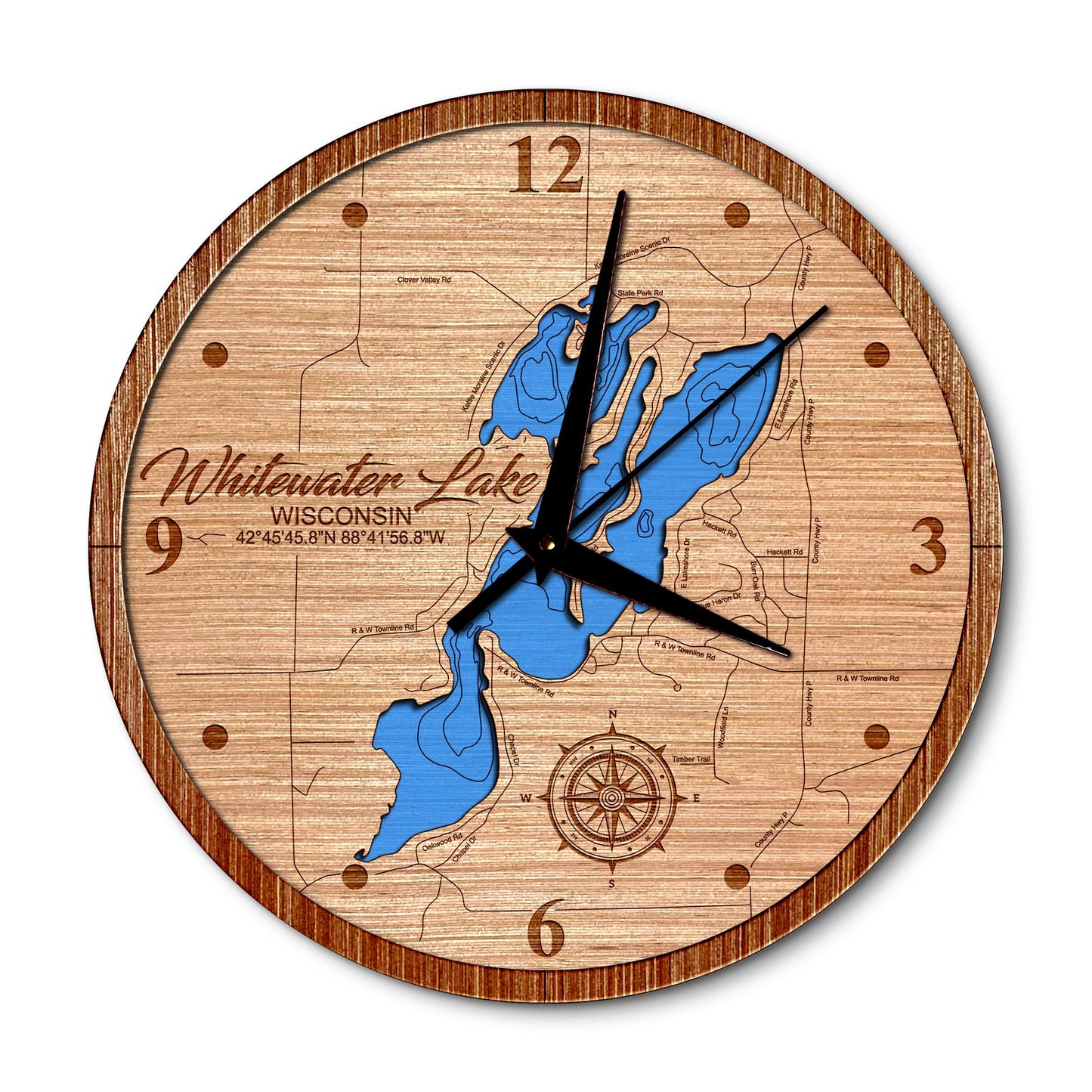 Whitewater Lake, Wisconsin 14in Layered Map Clock - Any Lake, Pond, or Reservoir - Unique Home Decor