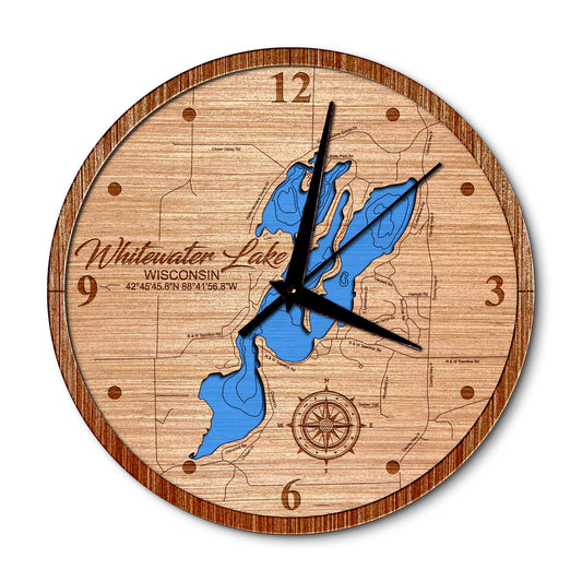 Whitewater Lake, Wisconsin 14in Layered Map Clock - Any Lake, Pond, or Reservoir - Unique Home Decor