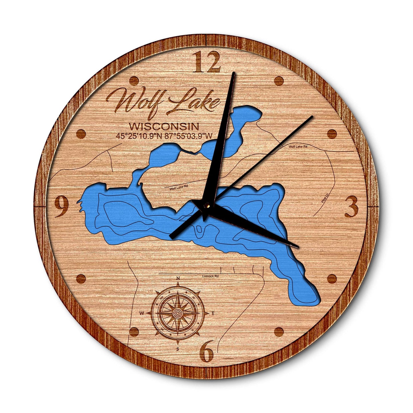 Wolf Lake in Wausaukee, Wisconsin 14in Layered Map Clock - Any Lake, Pond, or Reservoir - Unique Home Decor