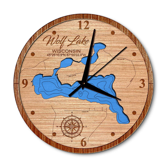 Wolf Lake in Wausaukee, Wisconsin 14in Layered Map Clock - Any Lake, Pond, or Reservoir - Unique Home Decor