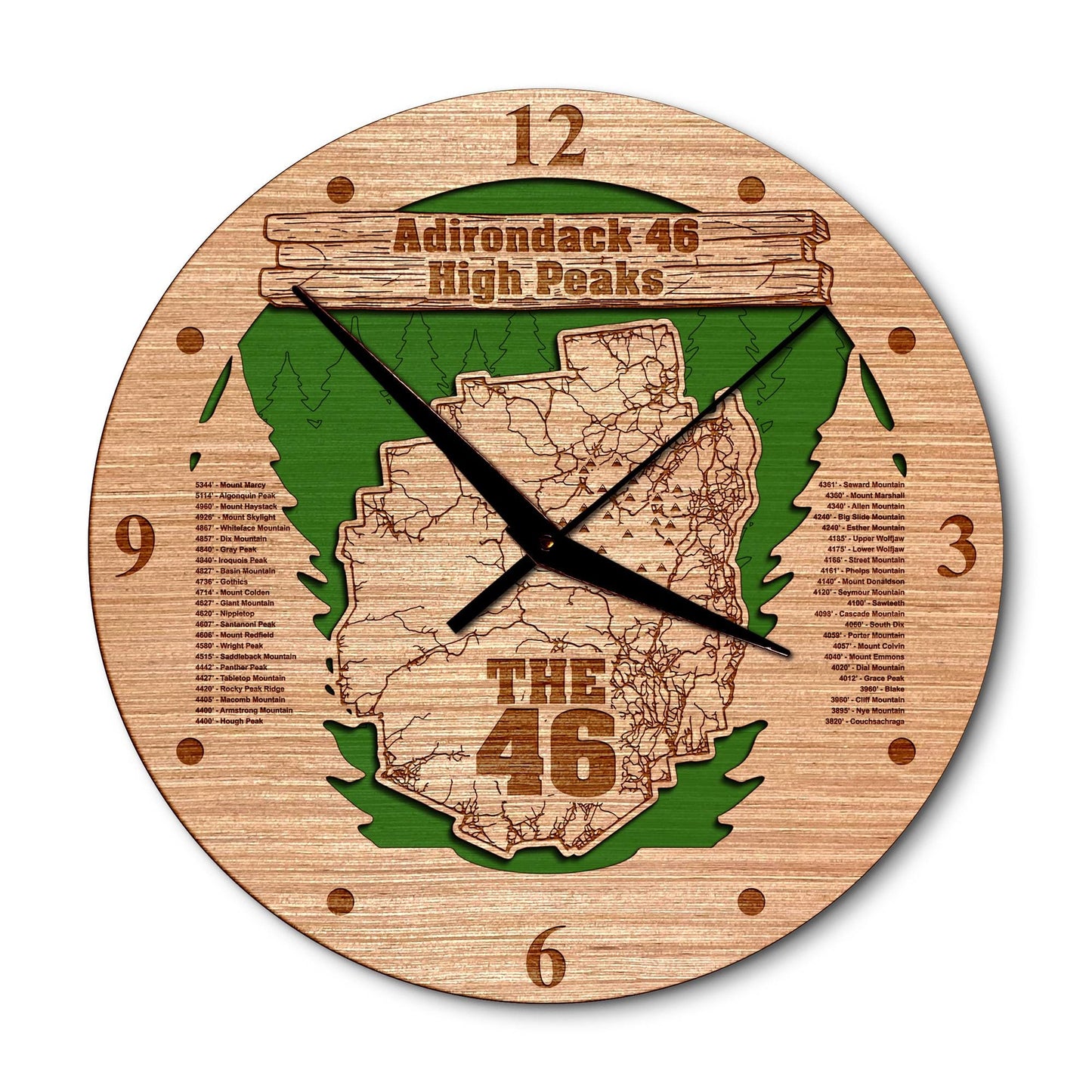 Adirondack High Peaks 46 New York 14in Layered Map Clock - Any Lake, Pond, or Reservoir - Unique Home Decor