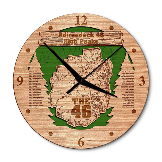 Adirondack High Peaks 46 New York 14in Layered Map Clock - Any Lake, Pond, or Reservoir - Unique Home Decor