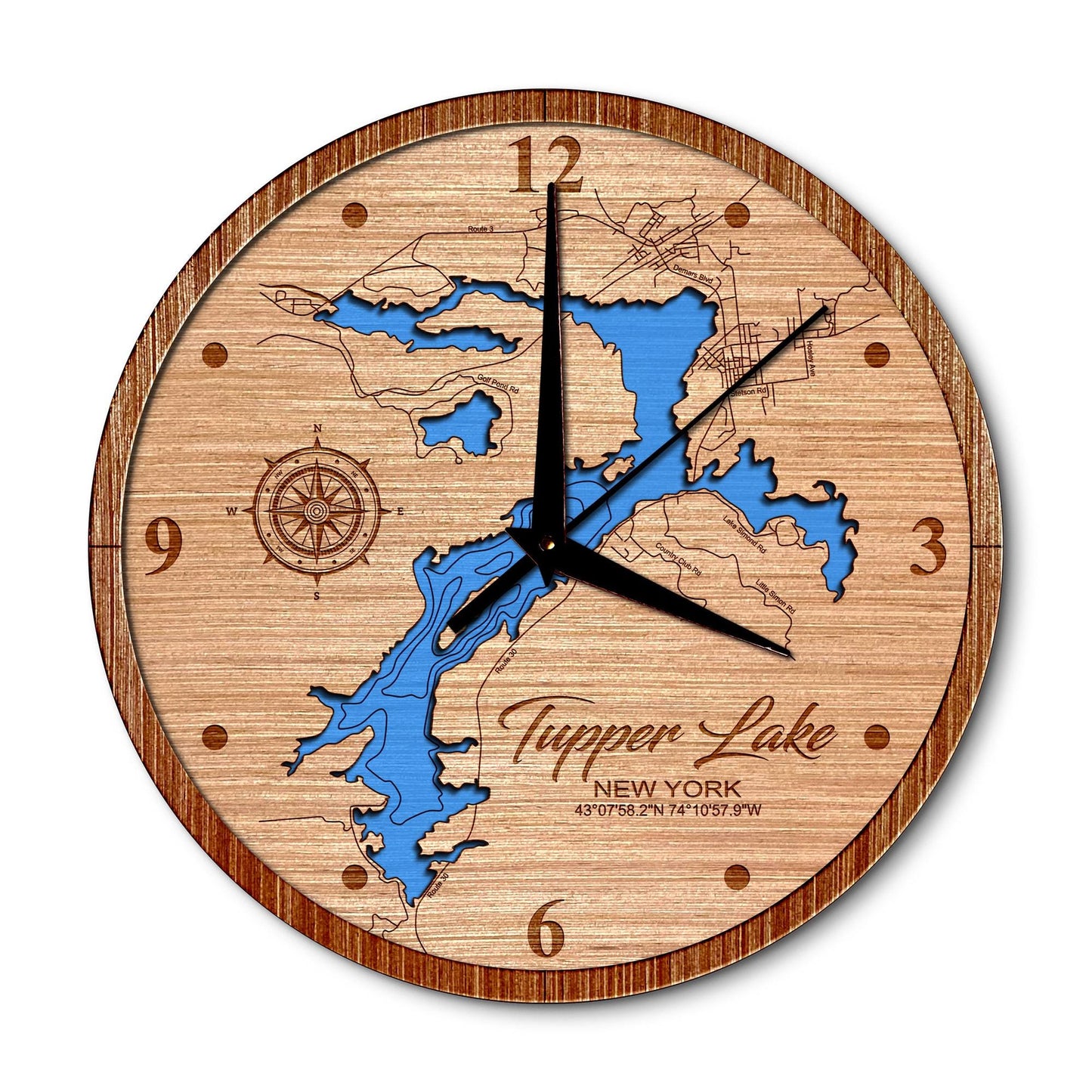 Tupper Lake New York 14in Layered Map Clock - Any Lake, Pond, or Reservoir - Unique Home Decor