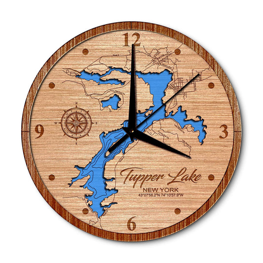 Tupper Lake New York 14in Layered Map Clock - Any Lake, Pond, or Reservoir - Unique Home Decor