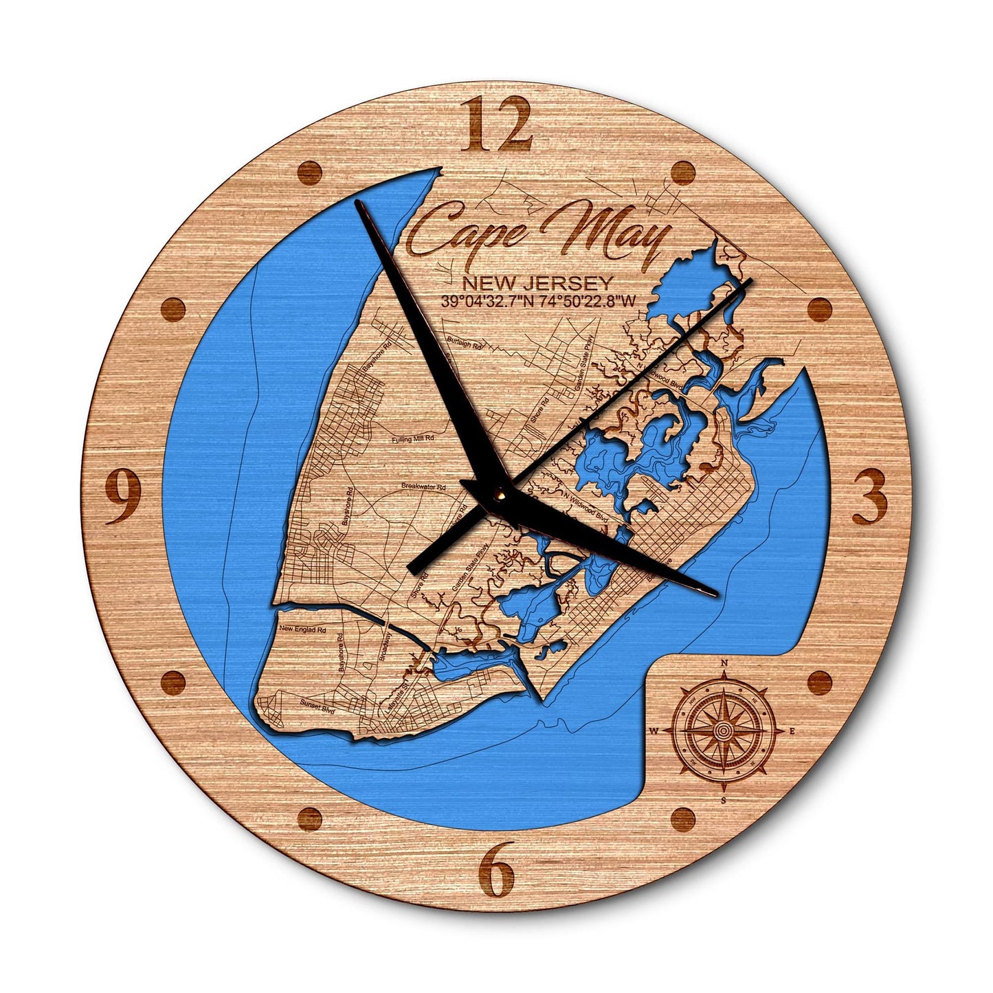 Cape May New Jersey 14in Layered Map Clock - Any Lake, Pond, or Reservoir - Unique Home Decor