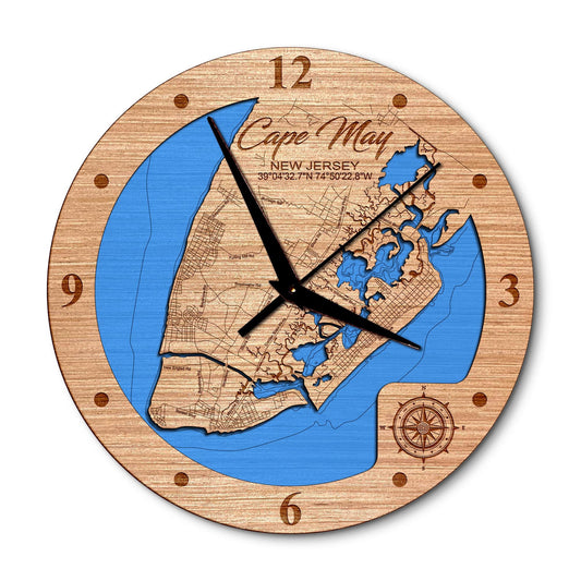 Cape May New Jersey 14in Layered Map Clock - Any Lake, Pond, or Reservoir - Unique Home Decor
