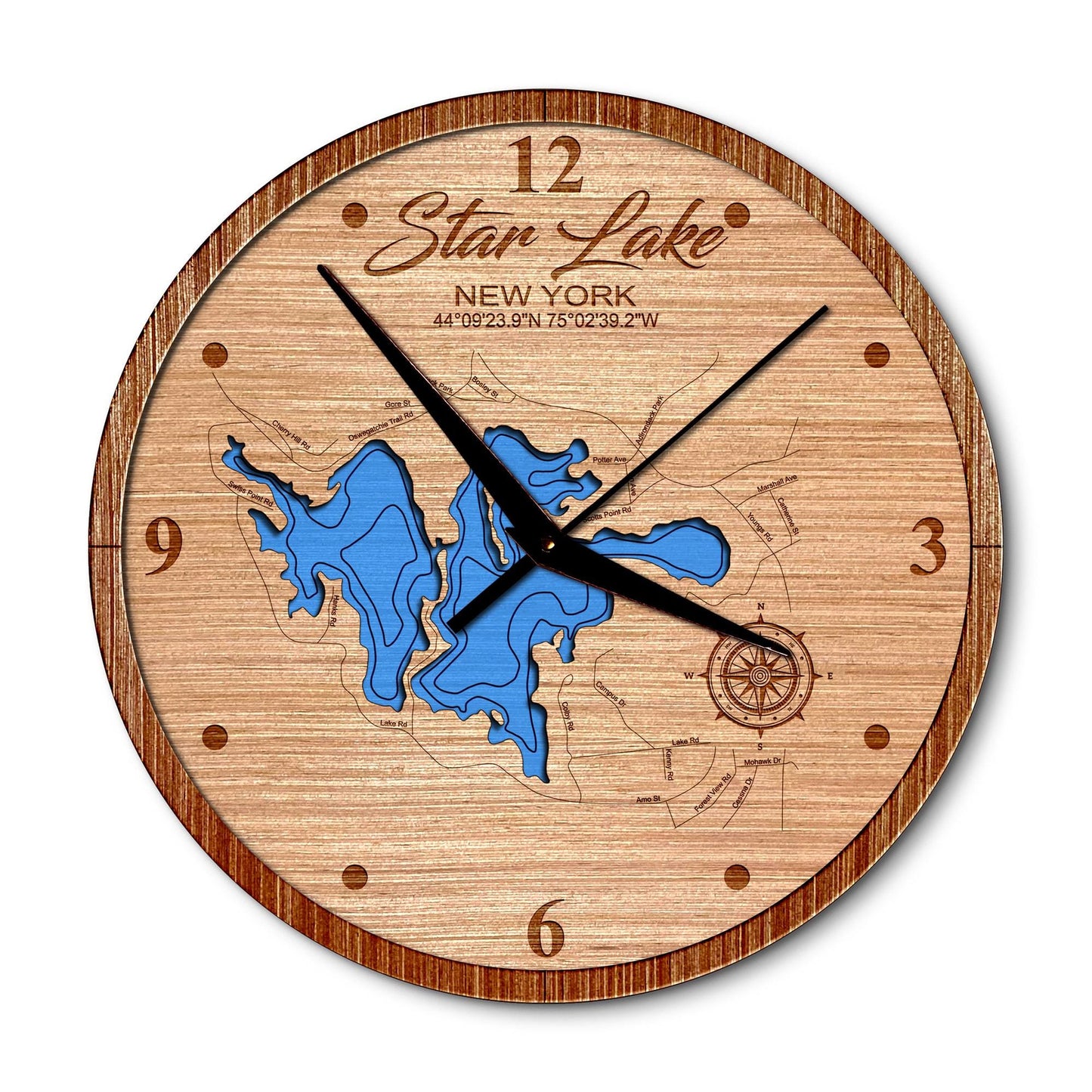 Star Lake New York 14in Layered Map Clock - Any Lake, Pond, or Reservoir - Unique Home Decor