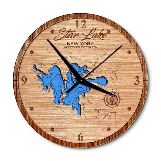 Star Lake New York 14in Layered Map Clock - Any Lake, Pond, or Reservoir - Unique Home Decor