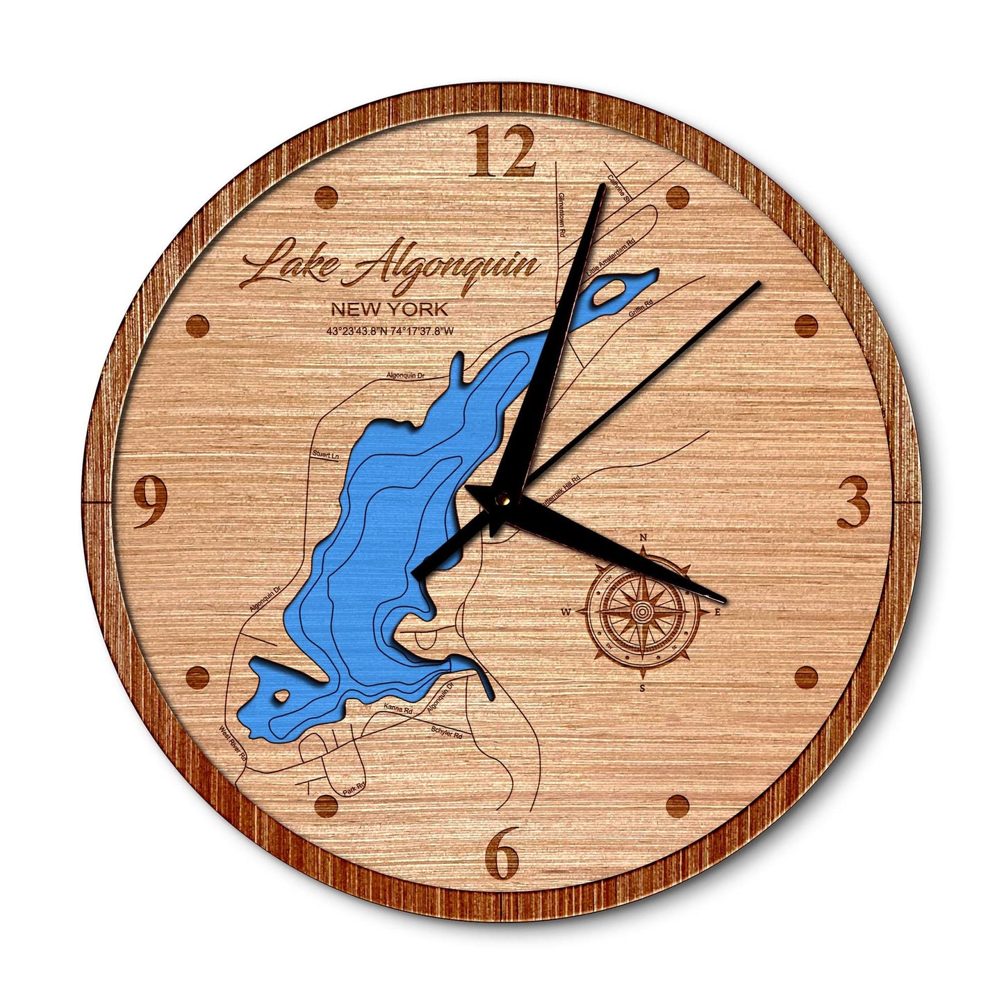 Lake Algonquin New York 14in Layered Map Clock - Any Lake, Pond, or Reservoir - Unique Home Decor