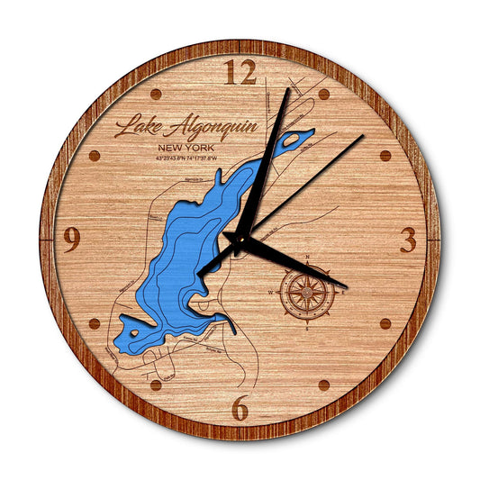 Lake Algonquin New York 14in Layered Map Clock - Any Lake, Pond, or Reservoir - Unique Home Decor