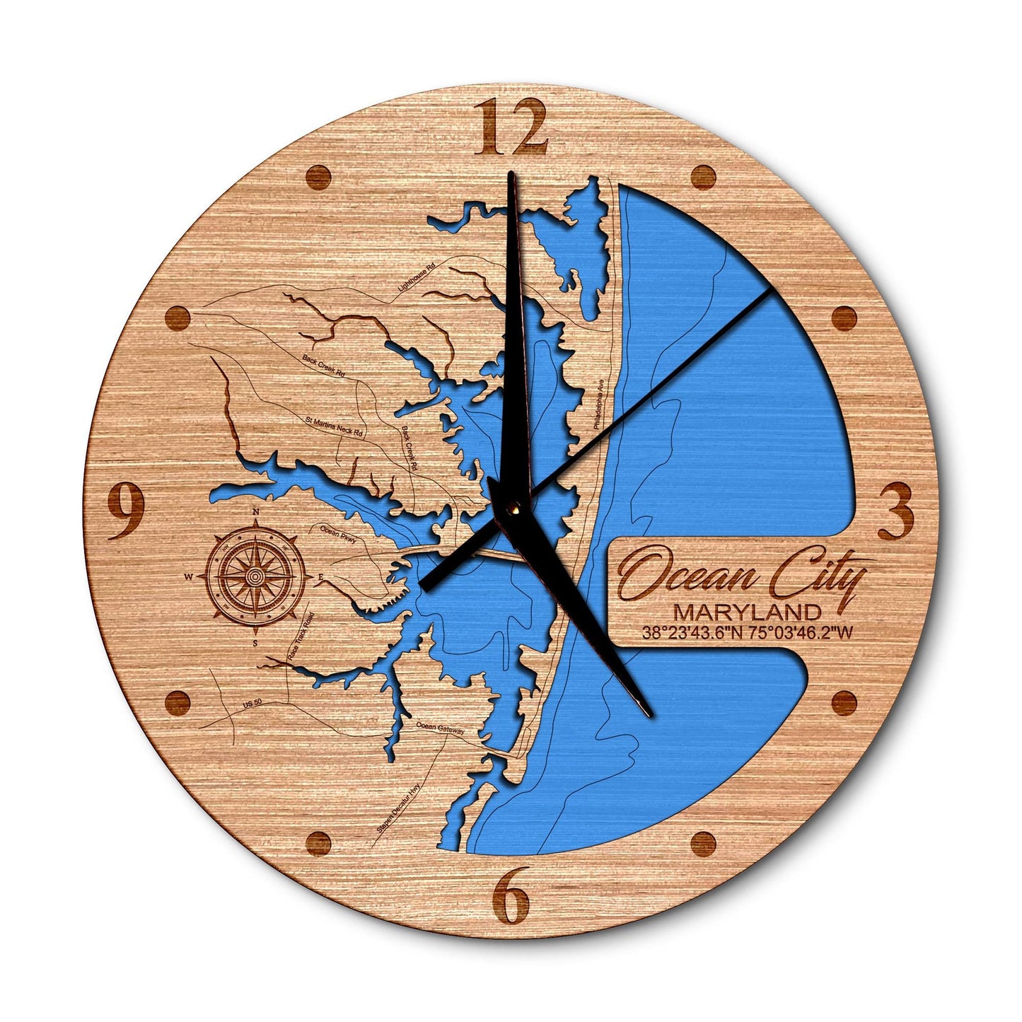 Ocean City Maryland 14in Layered Map Clock - Any Lake, Pond, or Reservoir - Unique Home Decor