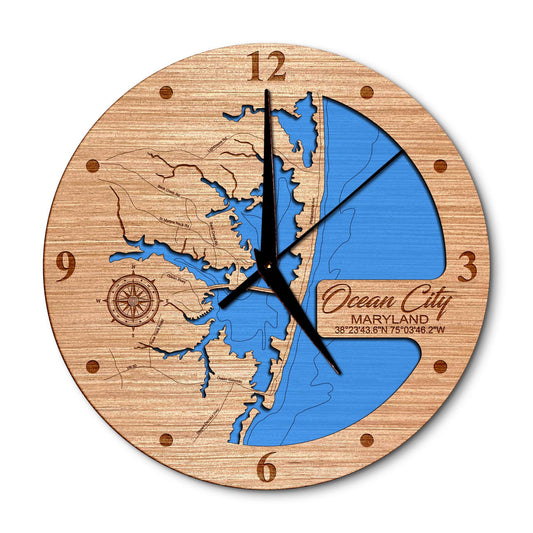 Ocean City Maryland 14in Layered Map Clock - Any Lake, Pond, or Reservoir - Unique Home Decor