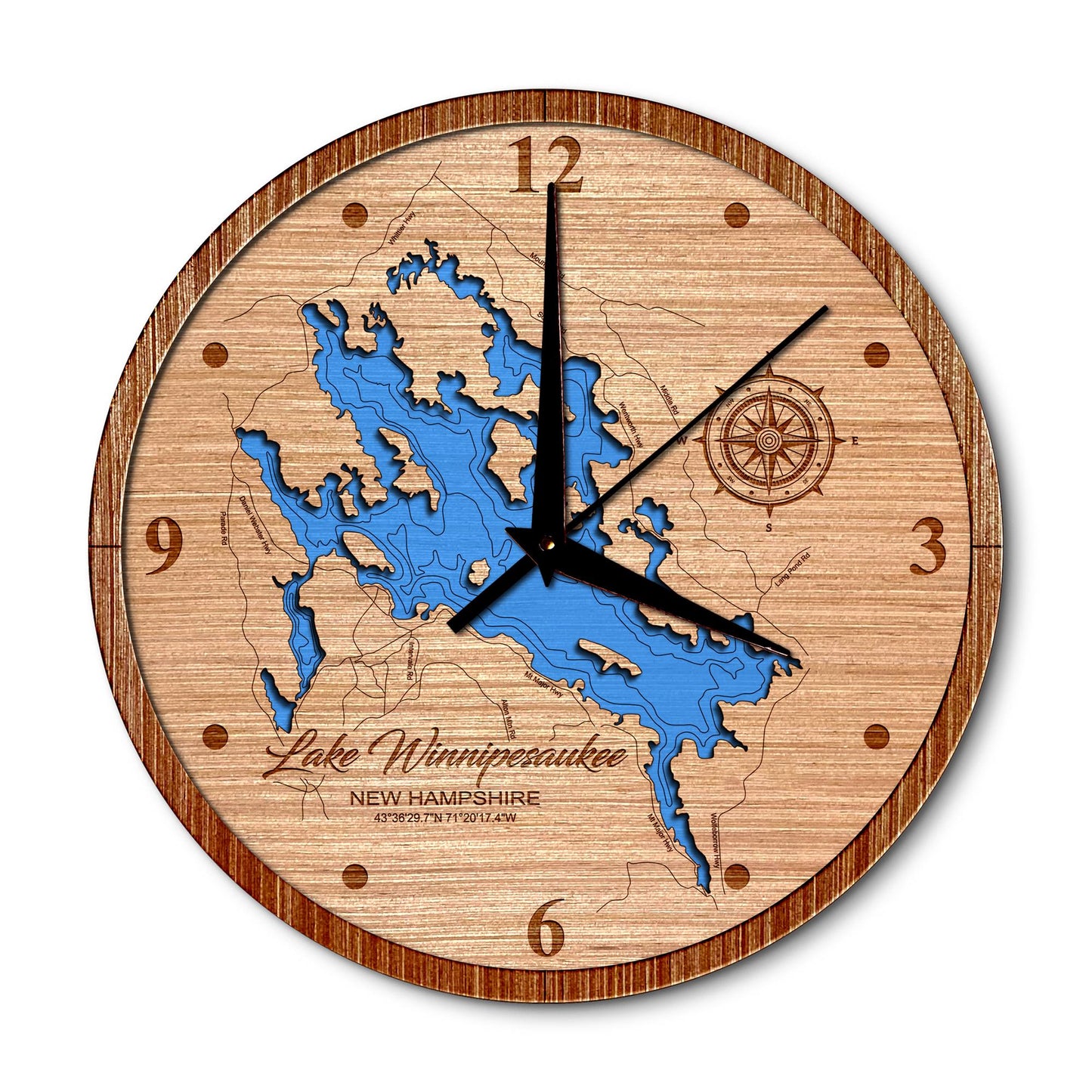 Lake Winnipesaukee New Hampshire 14in Layered Map Clock - Any Lake, Pond, or Reservoir - Unique Home Decor