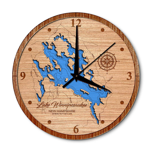 Lake Winnipesaukee New Hampshire 14in Layered Map Clock - Any Lake, Pond, or Reservoir - Unique Home Decor