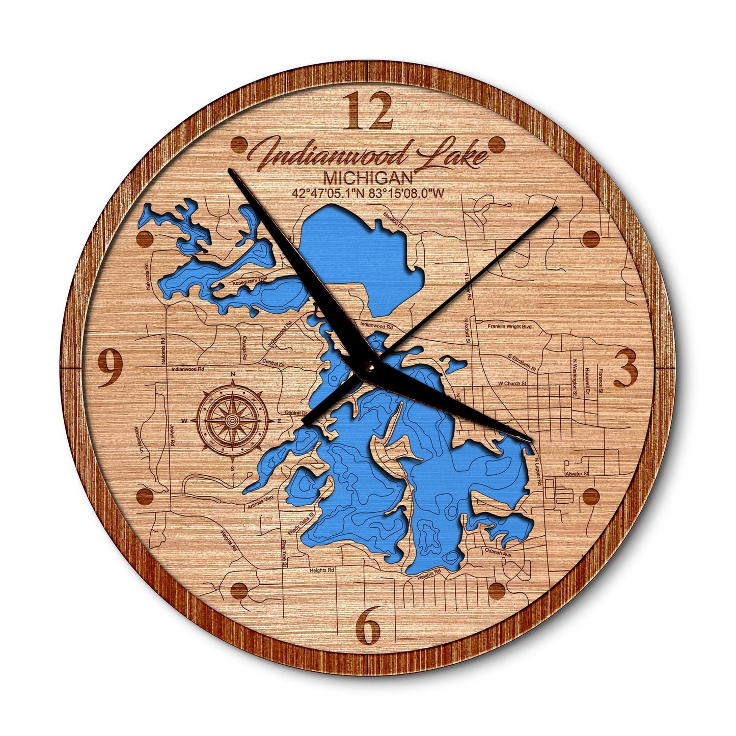 Indianwood Lake & Lake Orion, Michigan 14in Layered Map Clock - Any Lake, Pond, or Reservoir - Unique Home Decor