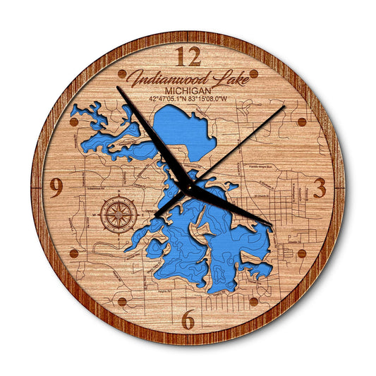 Indianwood Lake & Lake Orion, Michigan 14in Layered Map Clock - Any Lake, Pond, or Reservoir - Unique Home Decor