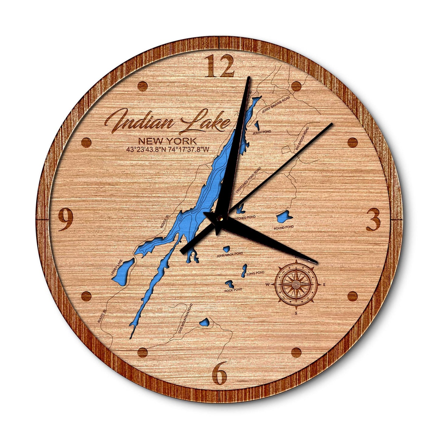 Indian Lake, New York 14in Layered Map Clock - Any Lake, Pond, or Reservoir - Unique Home Decor