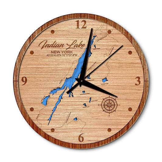 Indian Lake, New York 14in Layered Map Clock - Any Lake, Pond, or Reservoir - Unique Home Decor