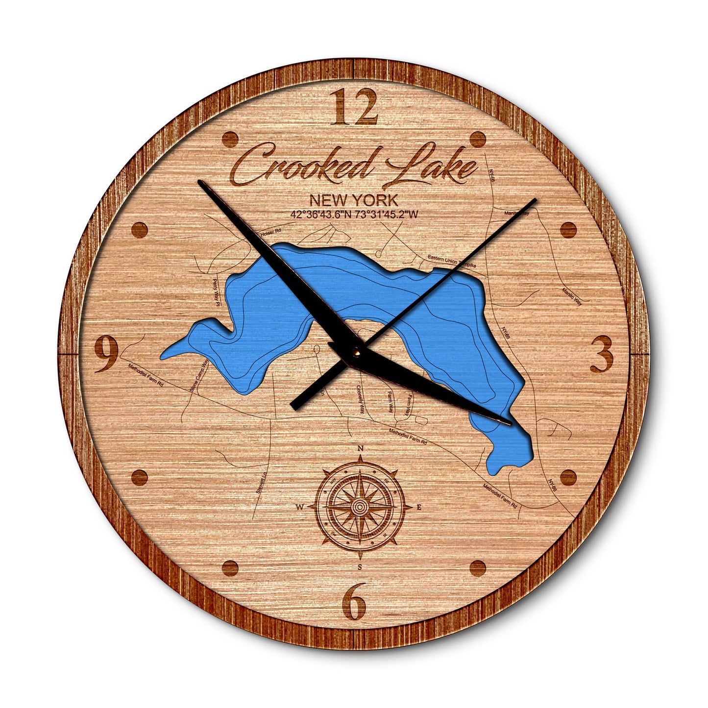 Crooked Lake, Avril Park New York 14in Layered Map Clock - Any Lake, Pond, or Reservoir - Unique Home Decor