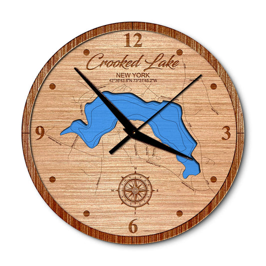Crooked Lake, Avril Park New York 14in Layered Map Clock - Any Lake, Pond, or Reservoir - Unique Home Decor