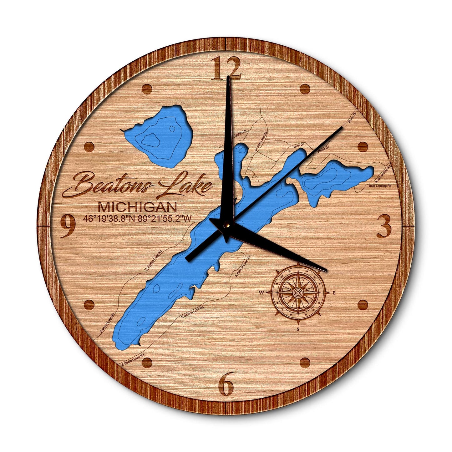 Beatons Lake in Watersmeet, Michigan 14in Layered Map Clock - Any Lake, Pond, or Reservoir - Unique Home Decor