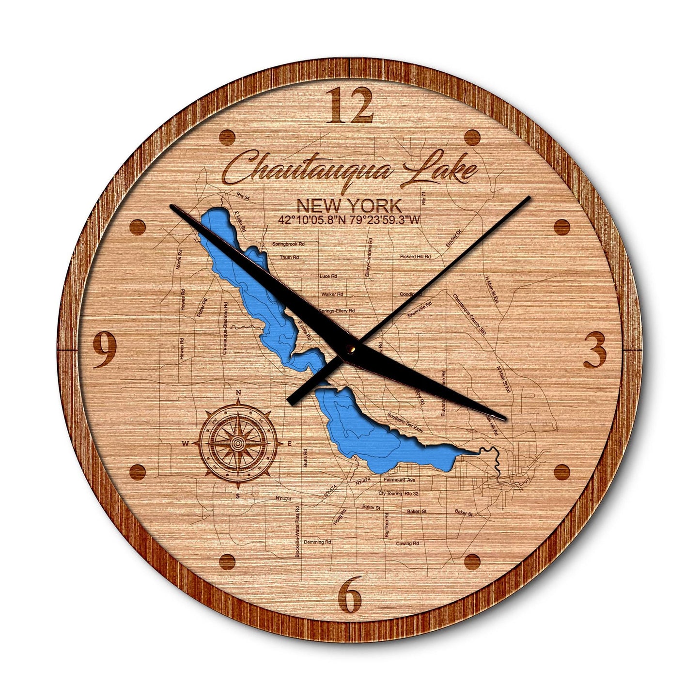 Chautauqua Lake, New York 14in Layered Map Clock - Any Lake, Pond, or Reservoir - Unique Home Decor