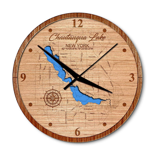 Chautauqua Lake, New York 14in Layered Map Clock - Any Lake, Pond, or Reservoir - Unique Home Decor