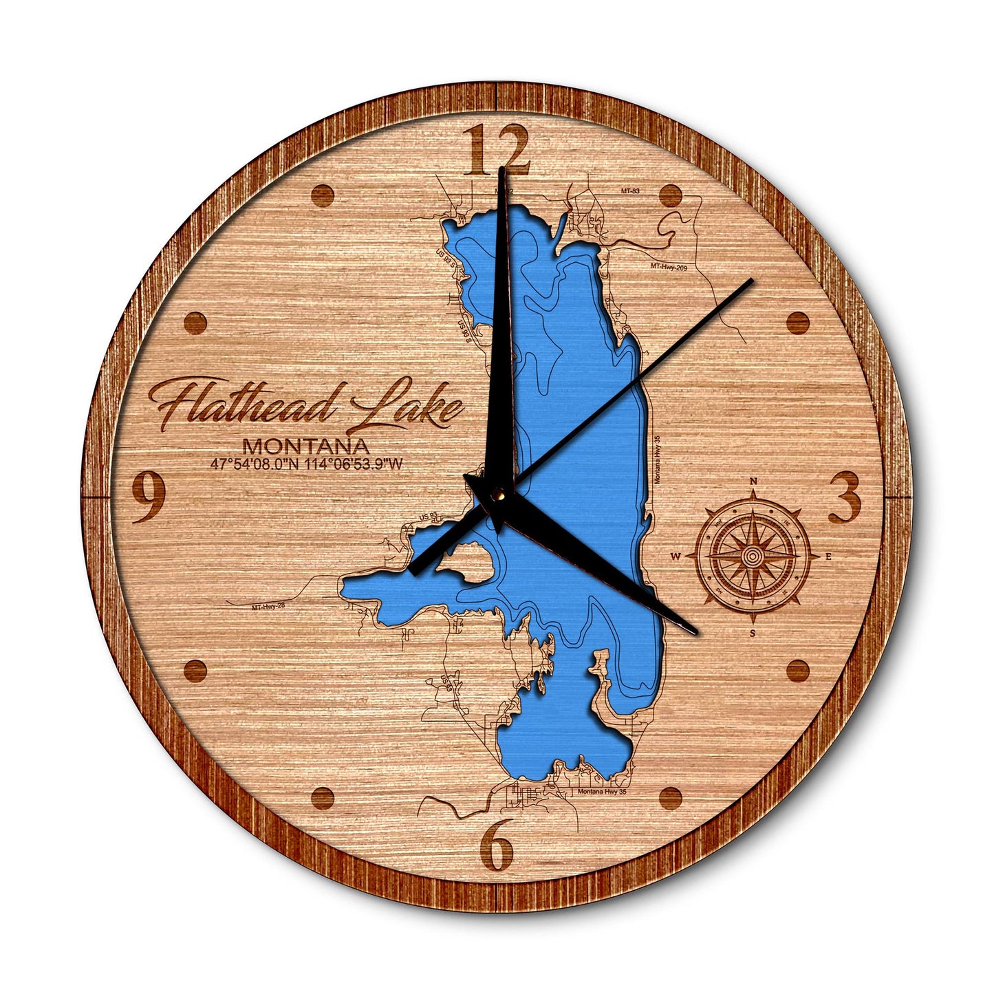 Flathead Lake, Montana 14in Layered Map Clock - Any Lake, Pond, or Reservoir - Unique Home Decor