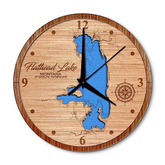 Flathead Lake, Montana 14in Layered Map Clock - Any Lake, Pond, or Reservoir - Unique Home Decor