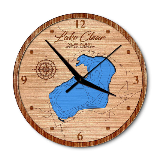 Lake Clear, New York Layered Map Clock - Any Lake, Pond, or Reservoir - Unique Home Decor