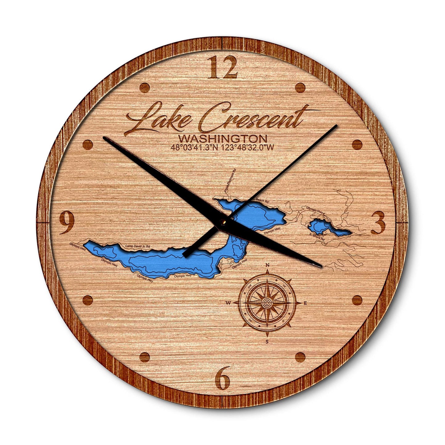 Lake Crescent, Washington State 14in Layered Map Clock - Any Lake, Pond, or Reservoir - Unique Home Decor