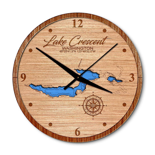 Lake Crescent, Washington State 14in Layered Map Clock - Any Lake, Pond, or Reservoir - Unique Home Decor