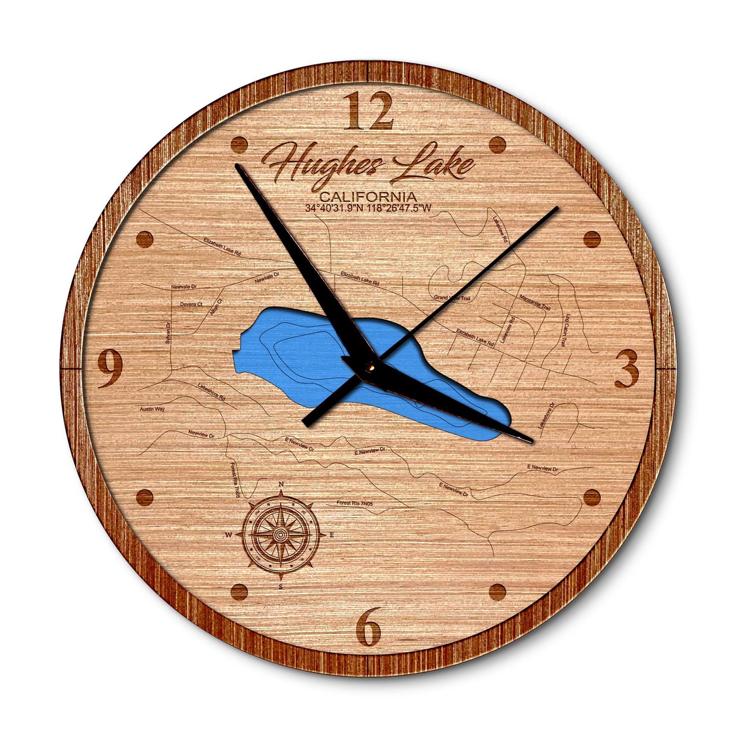 Lake Hughes, California 14in Layered Map Clock - Any Lake, Pond, or Reservoir - Unique Home Decor