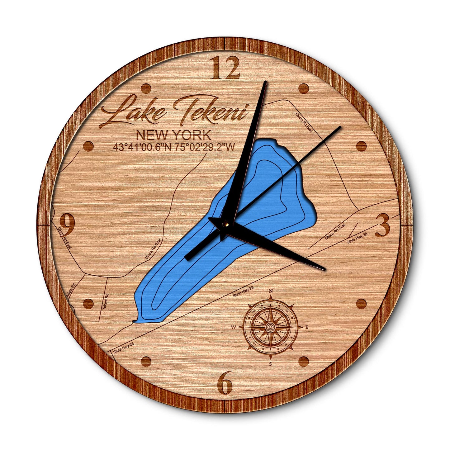 Lake Tekeni, New York 14in Layered Map Clock - Any Lake, Pond, or Reservoir - Unique Home Decor