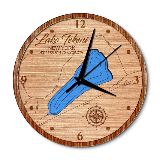 Lake Tekeni, New York 14in Layered Map Clock - Any Lake, Pond, or Reservoir - Unique Home Decor