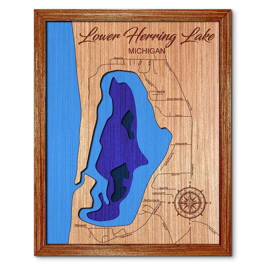 Lower Herring Lake, Michigan Depth Map - Any Lake, Pond, or Reservoir, Home Decor, Wall Art, Wall Decor