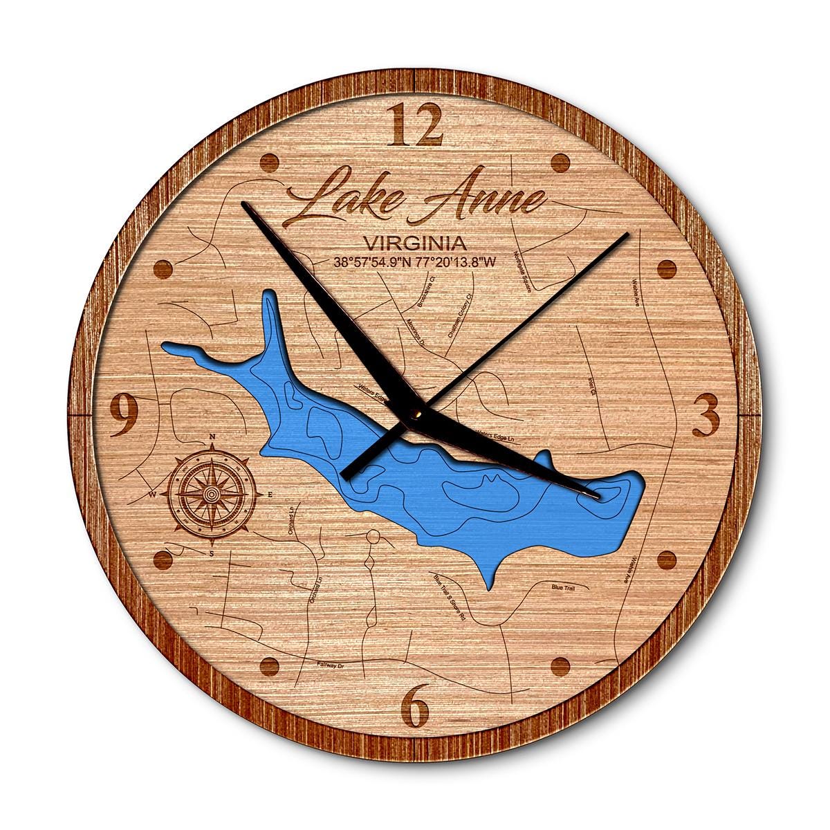 Lake Anne, Virginia 14in Layered Map Clock - Any Lake, Pond, or Reservoir - Unique Home Decor