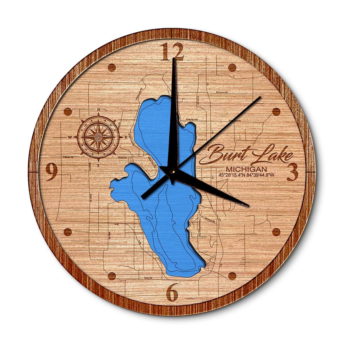 Burt Lake Michigan 14in Layered Map Clock - Any Lake, Pond, or Reservoir - Unique Home Decor